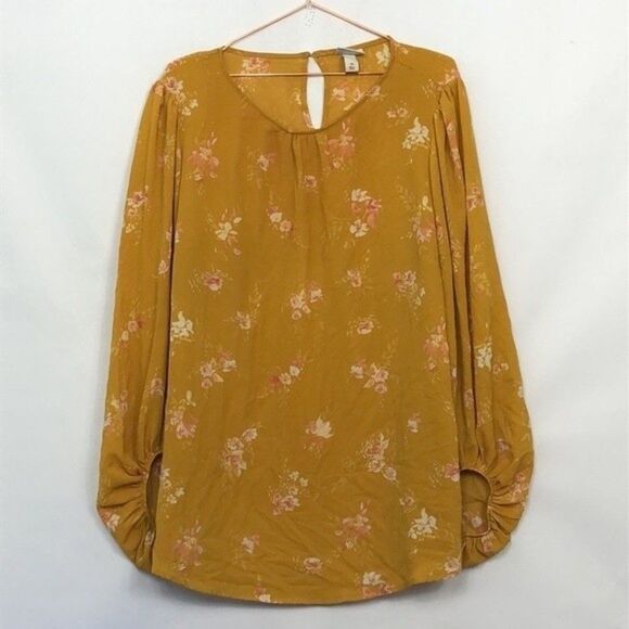 Ava & Viv Floral Puff Sleeve Blouse Mustard Yellow Pink & White New Condition 2X - Picture 3 of 7